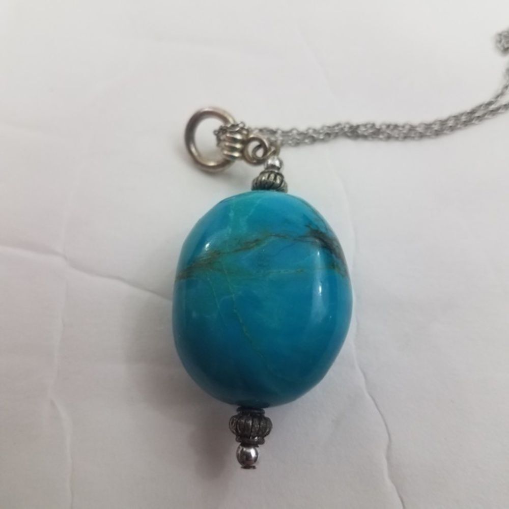 Faux Turquoise Necklace Beaded Chain Silver Tone Southwestern Stone Big